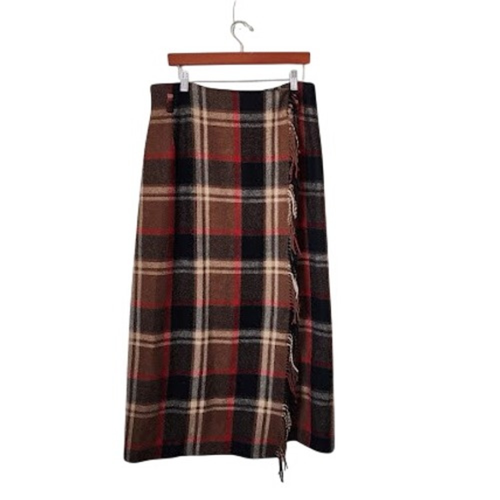EDDIE BAUER VTG Plaid Wool Blend Fringe Wrap Maxi Skirt Blanket Kilt 18